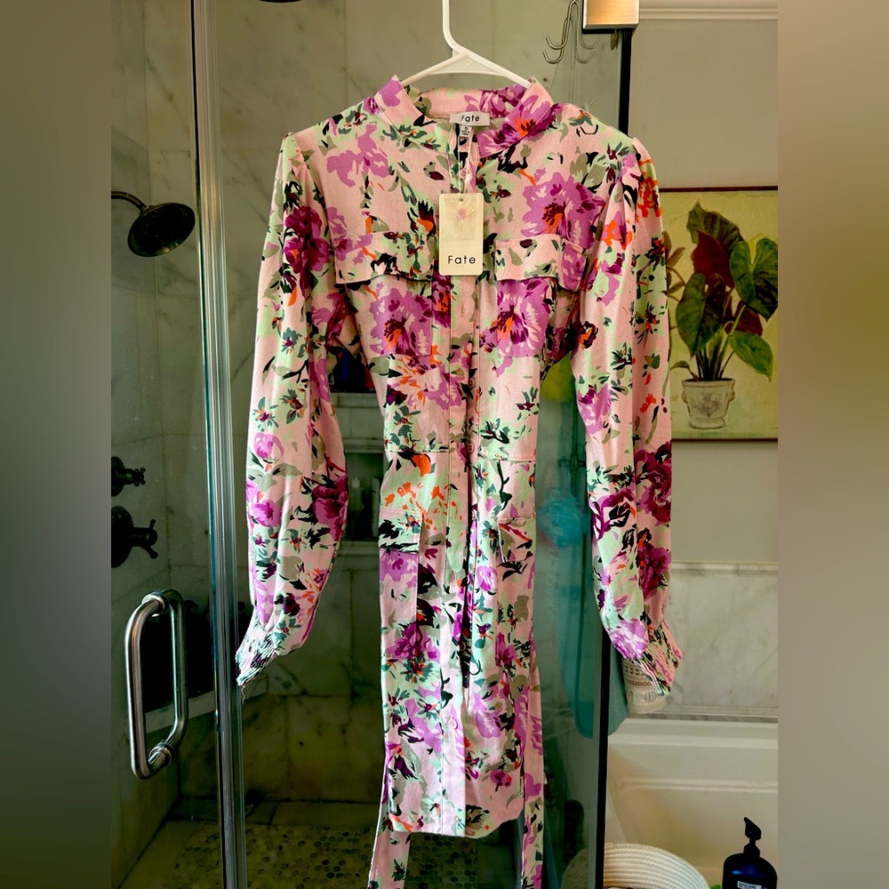 NEW FATE linen blend shirt dress in floral print SMALL